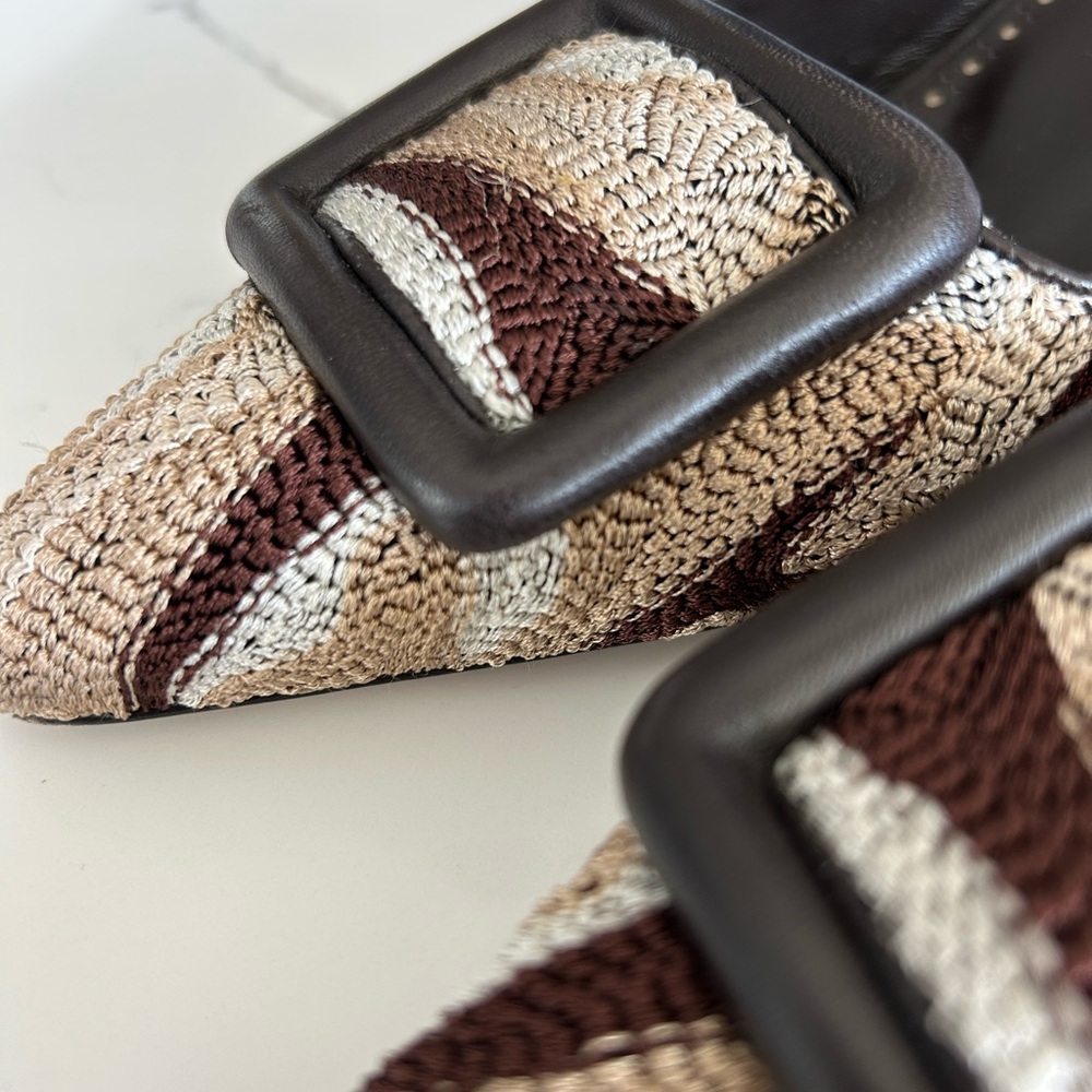 Manolo Blahnik Brown and Cream Woven Buckle Pointed-Toe Mules - Picture 3 of 5